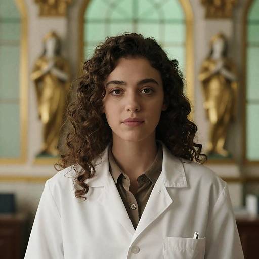 Young Woman in Lab Coat with Ornate Background