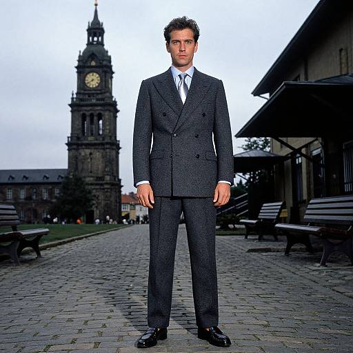 Confident Man in Vintage Suit by Clock Tower
