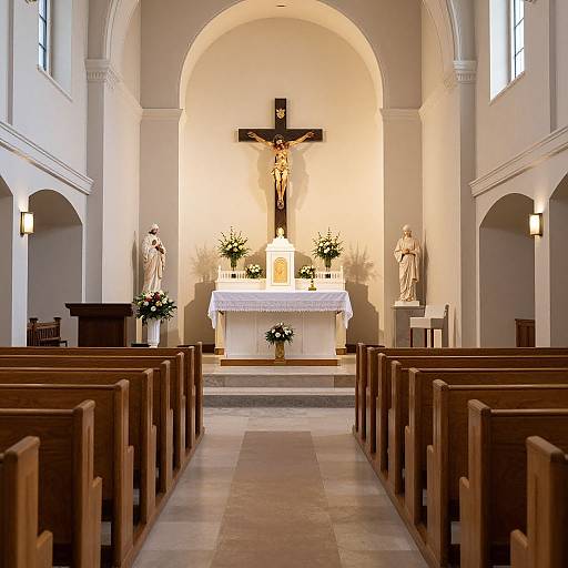 Photograph of a serene church interior with wooden pews, crucifix centered on altar, two white statues, arched ceiling, and soft lighting.