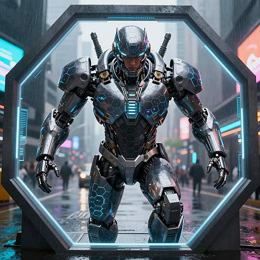 Cybernetic Hexagon Warrior in Futuristic City