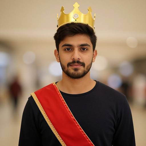 Photograph of a young South Asian man with a black beard, wearing a black shirt, gold crown, and red sash, standing in a blurred