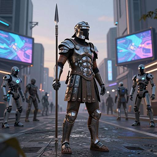 CGI image of a futuristic, armored warrior holding a spear, standing in a neon-lit city street with other armored soldiers.