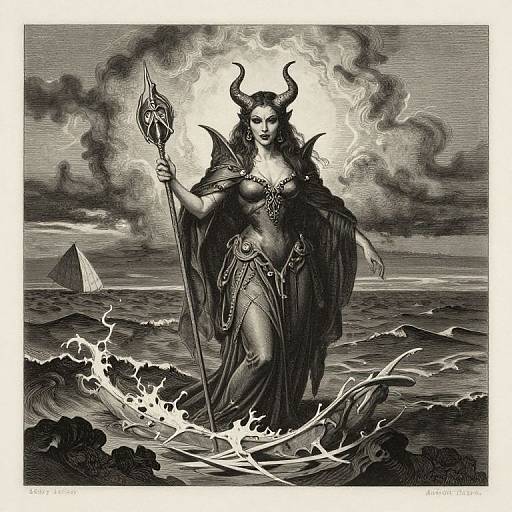 Ink drawing of a dark, horned sea goddess with flowing hair, holding a staff, standing in turbulent waves, with a sailboat in the