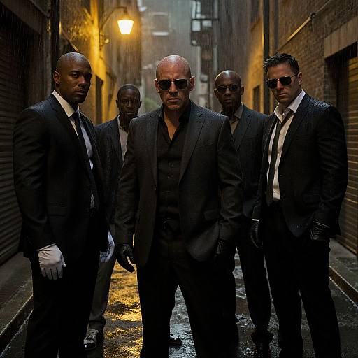 Photograph of five bald, dark-suited men with sunglasses standing in a rainy, dimly-lit alley, wearing white gloves and ties.