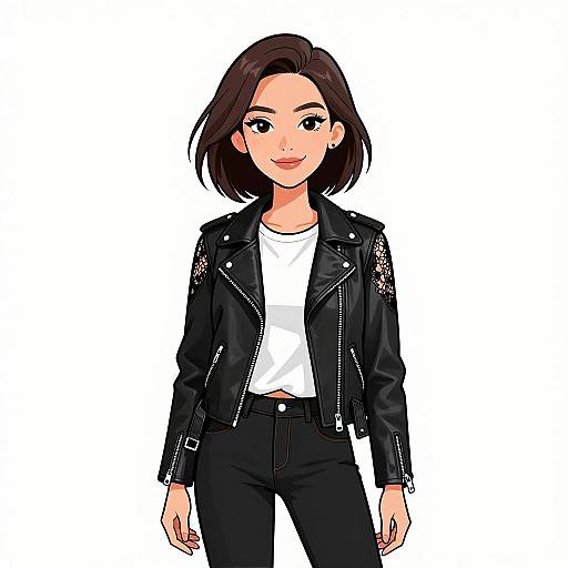 Digital illustration of an attractive Asian woman with short brown hair, wearing a black leather jacket with floral embroidery, white shirt, and black pants, standing against