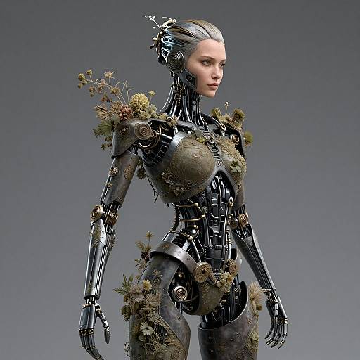 Photorealistic CGI of a futuristic female robot with metallic black body, adorned with intricate green and yellow floral elements, against a gray gradient background.