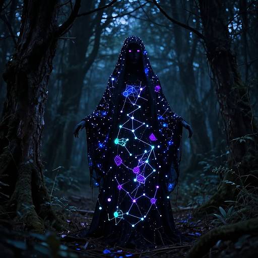 Mysterious figure in dark cloak illuminated with glowing blue and purple star patterns standing in a dim, moonlit forest. Photograph.