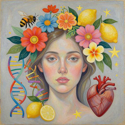 Digital painting of a serene woman with a floral crown, bee, lemon, DNA helix, stars, and heart, blending realism and surrealism.