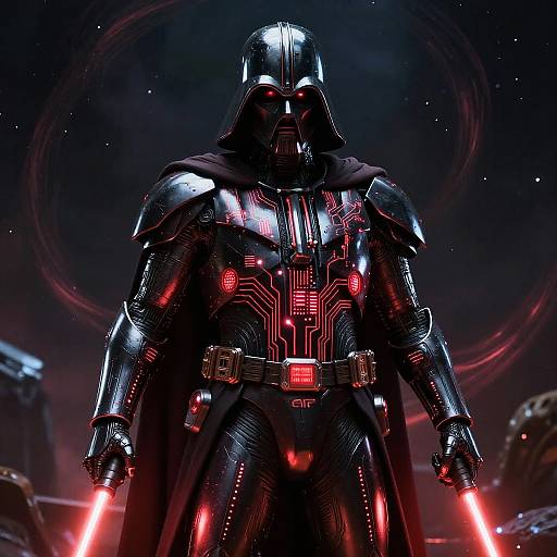 Photorealistic CGI of Darth Vader in black, reflective armor with red circuitry, glowing red lightsaber, standing in a dark, starry space