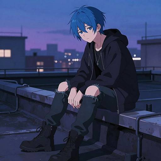 Digital anime-style drawing of a blue-haired, blue-eyed boy in a black hoodie and ripped jeans, sitting alone on a rooftop at twilight.