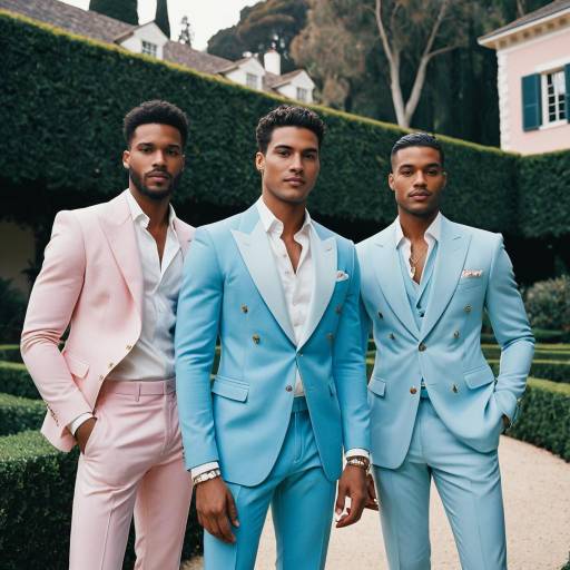 Three Stylish Men in Pastel Suits at Bel Air Estate