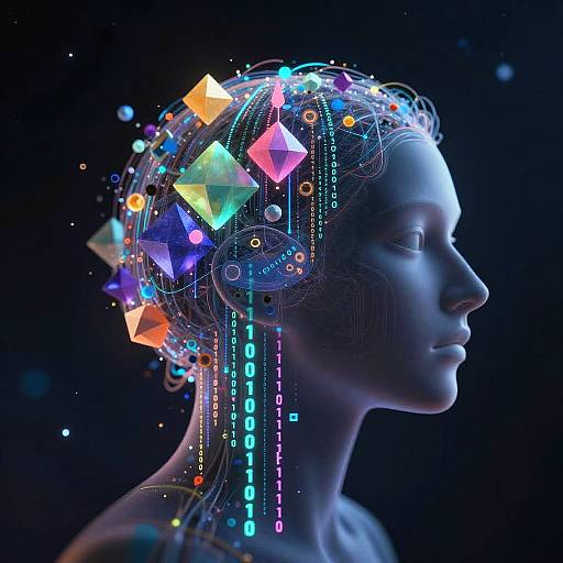 Digital CGI of a woman's profile with a futuristic, colorful, crystalline cybernetic headpiece against a dark blue background. Neon lights and binary