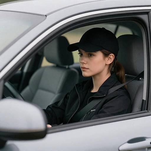 Focused Young Woman in Silver Car