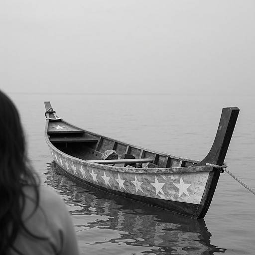 Traditional Long Boat with Star Patterns on Calm Water
