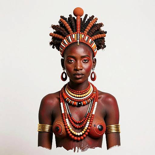 Photograph of a topless African woman with dark skin, adorned in colorful beaded headdress, necklaces, and gold arm bands, against a
