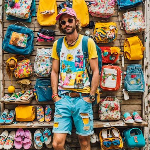 Casual Man in Colorful Summer Outfit at Market Stall