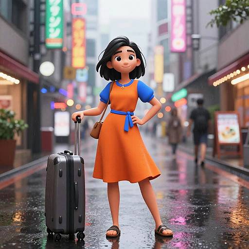 Cartoon Woman in Orange Dress with Suitcase on Rainy Tokyo Street