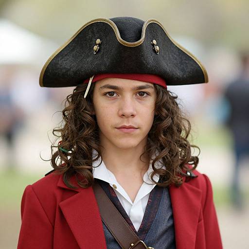 Photograph of a young man with curly brown hair wearing a black tricorn hat, red coat, white shirt, and brown strap, looking serious against