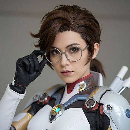Photorealistic portrait of a brunette woman in futuristic white armor, black gloves, and round glasses, adjusting her glasses with a focused expression.