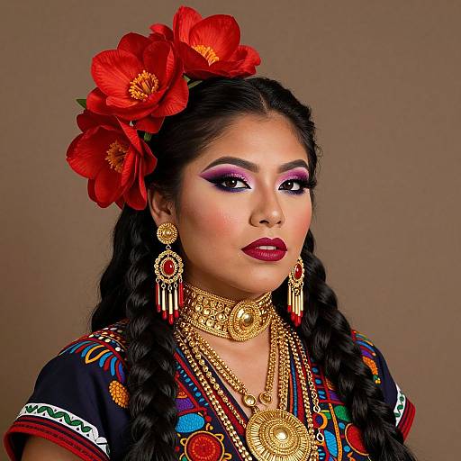 Photograph of a Latina woman with dark hair in braids, adorned with red flowers, wearing vibrant traditional clothing, gold jewelry, and purple eyesh