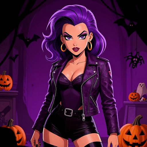 Digital illustration of a fierce, purple-haired woman in a black leather jacket, lace top, and shorts, with large gold earrings, standing in a Halloween