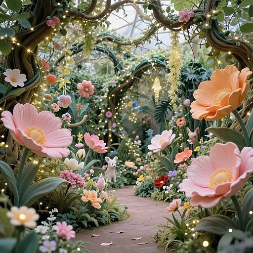 Fantastical garden scene: vibrant pink and peach flowers, glowing fairy lights, lush greenery, twisted tree branches, and a winding path. Digital