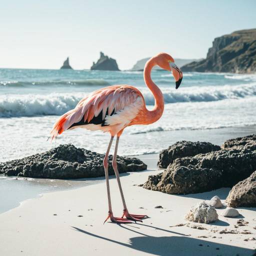 Flamingo on Rocky Beach