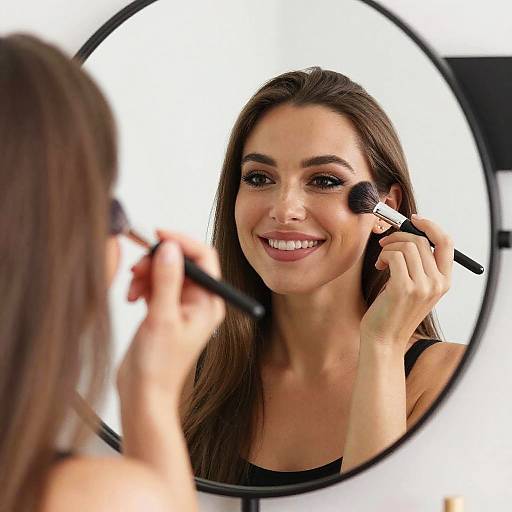Photograph of a smiling woman with long brown hair, using a makeup brush on her right cheek in a round mirror. She wears a black top,