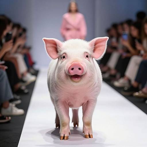 Photograph of a realistic, white-furred pig with pink snout and ears, standing on a bright runway, with blurred audience and model in pink