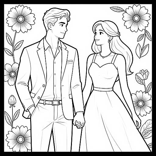 Black-and-white line drawing of a handsome man in a suit and a beautiful woman in a dress, holding hands against a floral background.