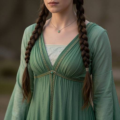 Photograph of a young woman with braided dark hair, wearing a green, long-sleeved, V-neck dress with gold trim, and a