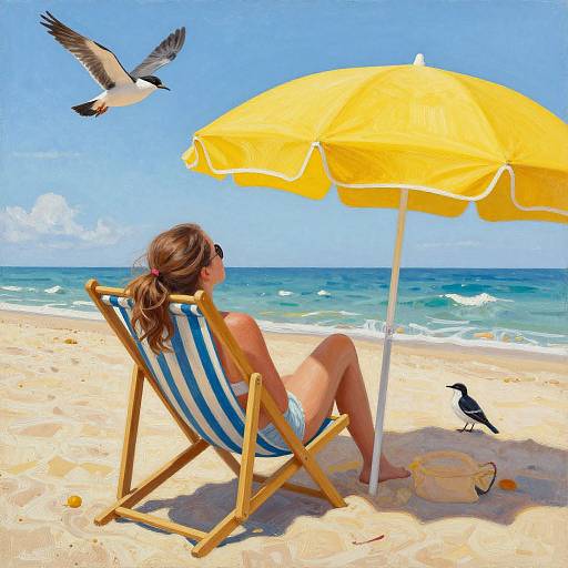 Photograph of a woman in a blue-striped bikini, seated under a yellow umbrella, watching a seagull on a sunny beach.