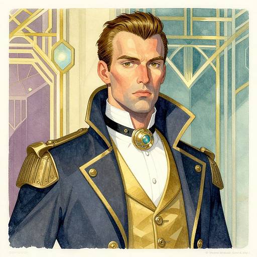 Digital illustration of a stern-faced, brown-haired man in a navy and gold military-style uniform with epaulettes, white shirt, and blue gem