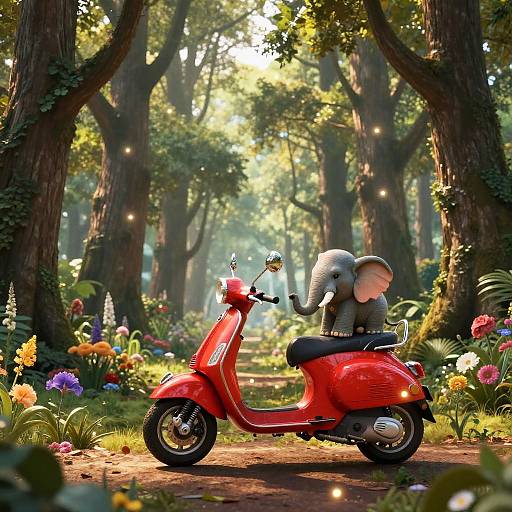 Red Elephant Scooter in Magical Forest