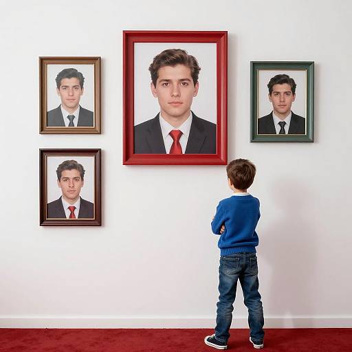 Young Boy Posing Before Framed Portraits