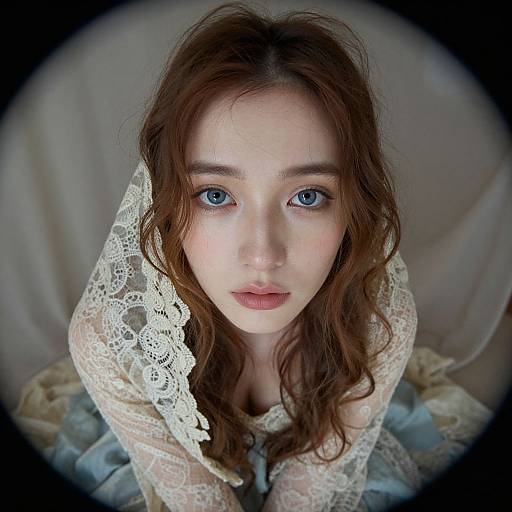 Photograph of a fair-skinned, blue-eyed woman with long, wavy red hair, wearing a white lace veil and dress, gazing directly