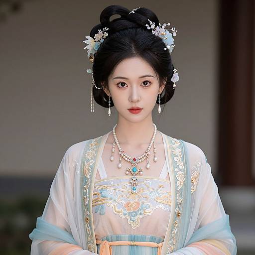 Photorealistic digital portrait of a young Asian woman with fair skin, black hair in an updo, wearing an ornate, translucent blue and gold