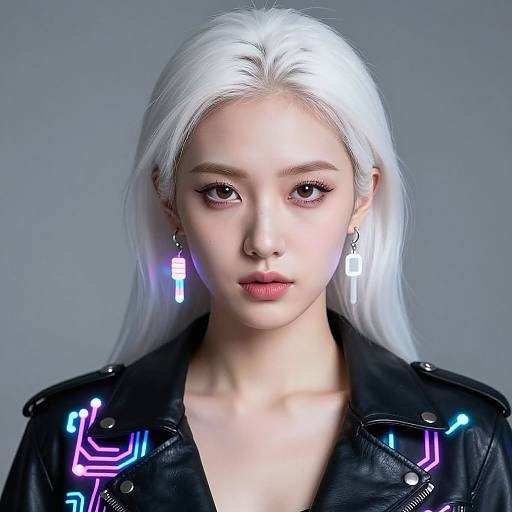 Digital portrait of an East Asian woman with long white hair, wearing a black leather jacket with neon accents and matching earrings, against a gray background.