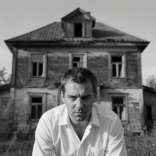 Eerie Noir Portrait with Abandoned House