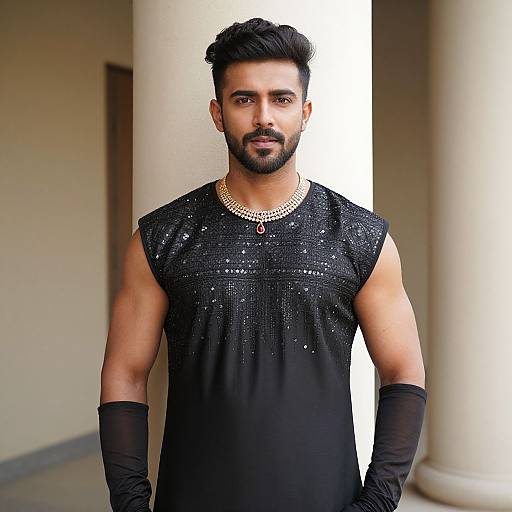 Photograph of a handsome, muscular man with dark hair and beard, wearing a black sequined sleeveless top, black gloves, and a sparkling necklace