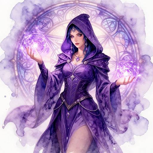 Digital artwork of a purple-robed, hooded witch with glowing purple magic circles in her hands, wearing a corset and thigh-high slit, set