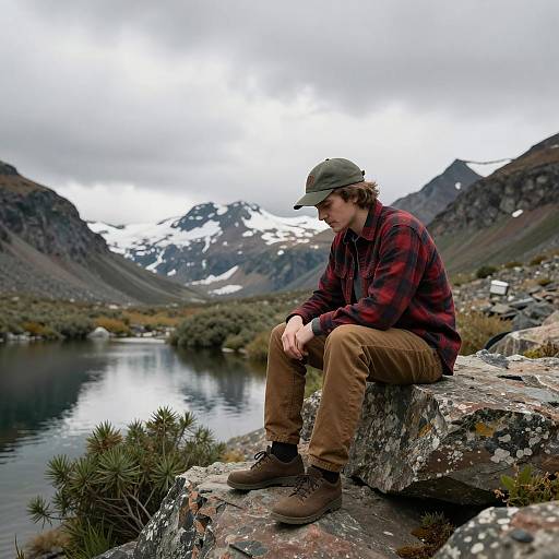 Man Sitting on Rocky Ledge in Mountain Landscape