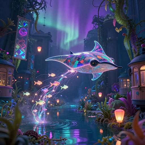 Holographic Manta-Ray Spirit in Neon Fantasy Landscape