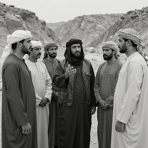 Group of Middle Eastern Men in Traditional Clothing in Desert