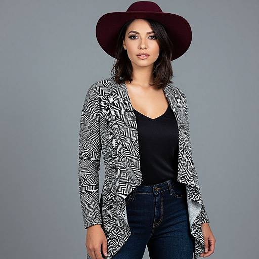 Photograph of a woman with medium skin tone, black hair, wearing a wide-brimmed maroon hat, black and white geometric jacket, black