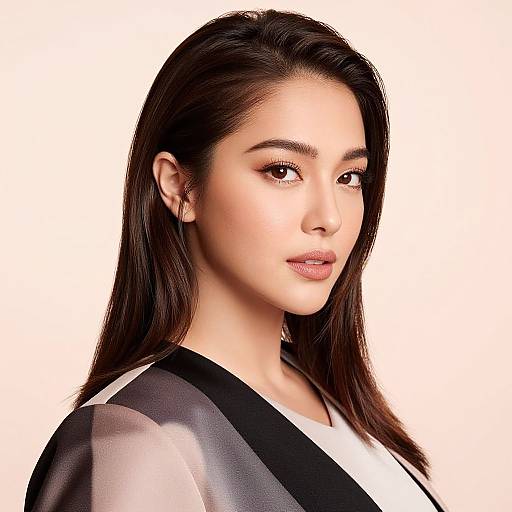 Photograph of an East Asian woman with long, dark brown hair, light skin, and subtle makeup, wearing a black and white kimono, against