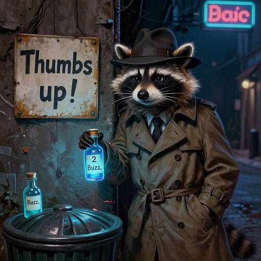 Digital artwork of a raccoon in a trench coat and fedora holding a 