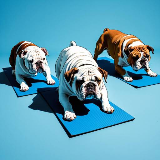 Three Bulldogs in Downward Dog Pose on Blue Mats