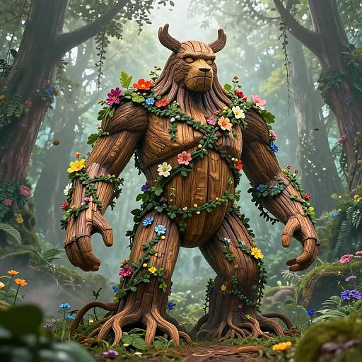 Digital fantasy artwork of a wooden, humanoid creature with horns, adorned with colorful flowers and vines, standing in a misty forest.