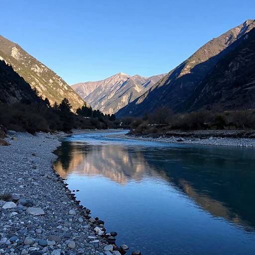 Photograph of a serene mountain valley with a reflective, clear river, surrounded by rocky shoreline and shadowed, sunlit mountains under a bright blue sky